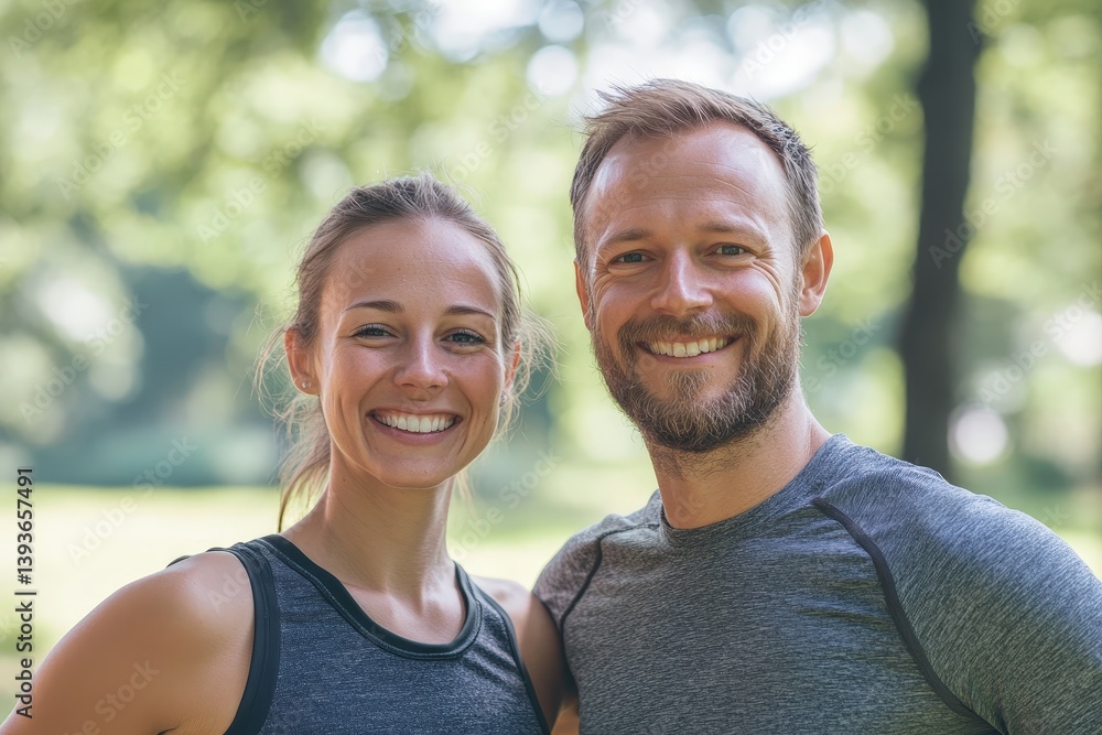 Smiling couple posing in a park with green background scenery Smiling couple posing in a park with green background scenery