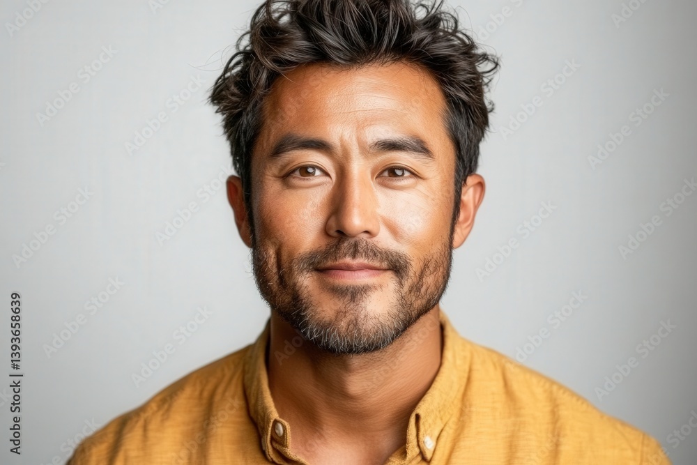Close-up portrait of a smiling man with dark hair and beard, wearing a mustard yellow shirt Close-up portrait of a smiling man with dark hair and beard, wearing a mustard yellow shirt