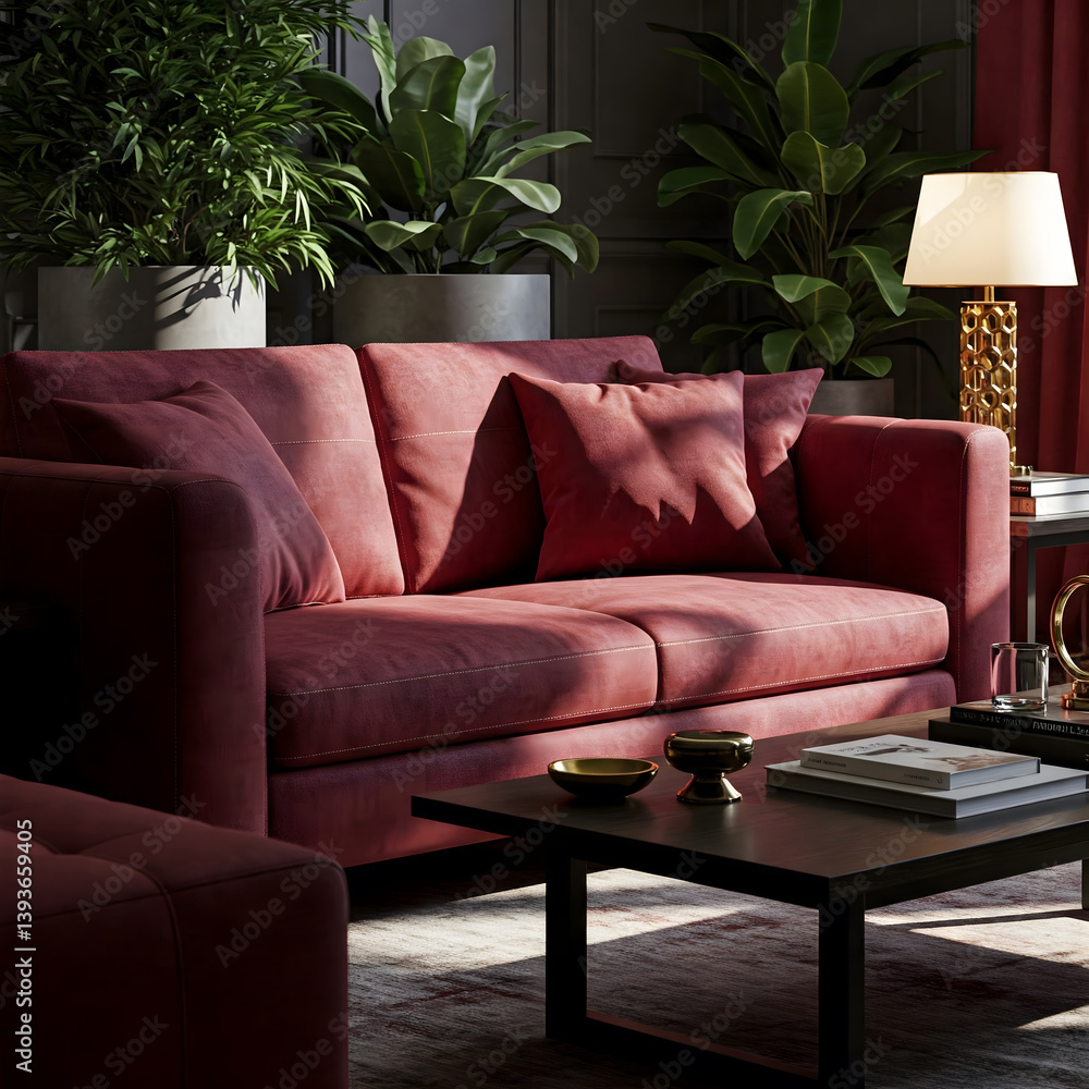Plush burgundy sofa with throw pillows, a dark coffee table, and indoor plants against a dark wall