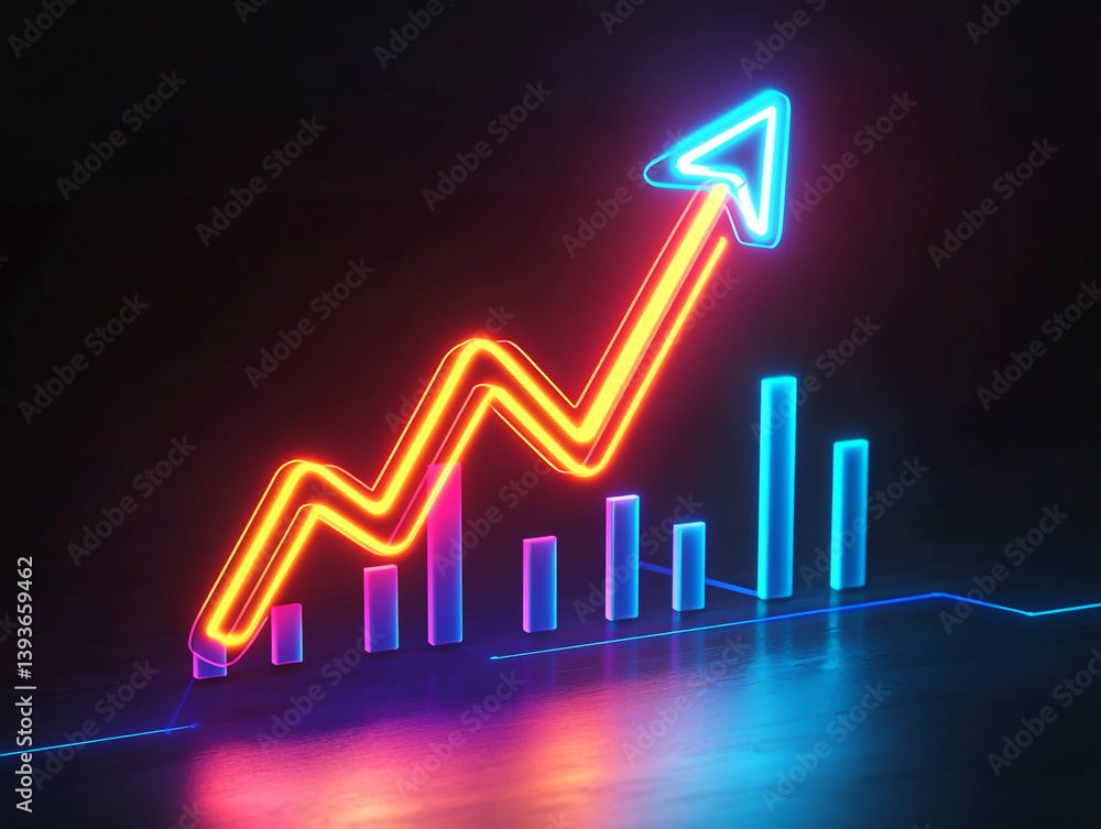 3D render of a bright neon arrow with an upward trend above the graph line