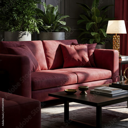 Obraz na płótnie Plush burgundy sofa with throw pillows, a dark coffee table, and indoor plants against a dark wall w salonie