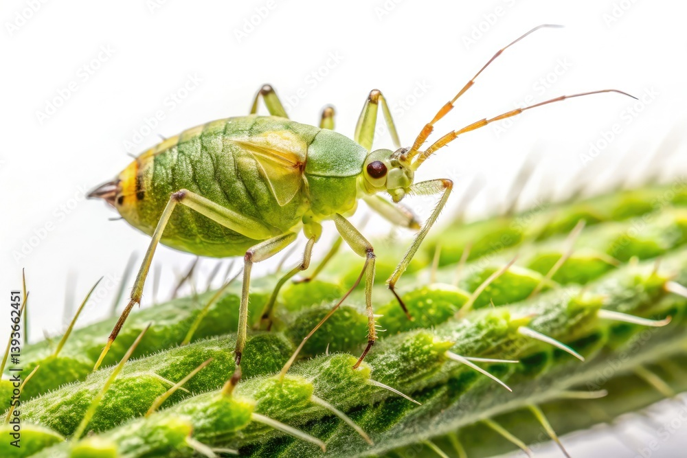 A close-up reveals the detail of a Cannabis Aphid, an insect pest (Phorodon cannabis), isolated on white. A close-up reveals the detail of a Cannabis Aphid, an insect pest (Phorodon cannabis), isolated on white.