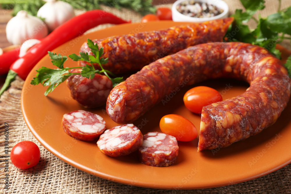 Different smoked sausages, cherry tomatoes and spices on table, closeup Different smoked sausages, cherry tomatoes and spices on table, closeup
