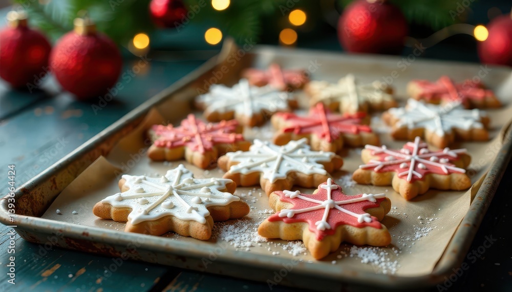 Snowflake-shaped cookies on baking sheet with festive background, baking sheet, holiday treats, holiday cheer Snowflake-shaped cookies on baking sheet with festive background, baking sheet, holiday treats, holiday cheer