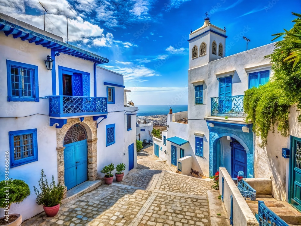 Obraz premium Enchanted Sidi Bou Said Tunisia A Vibrant Blue and Whitewashed Village Steeped in History and Charm Perfect for
