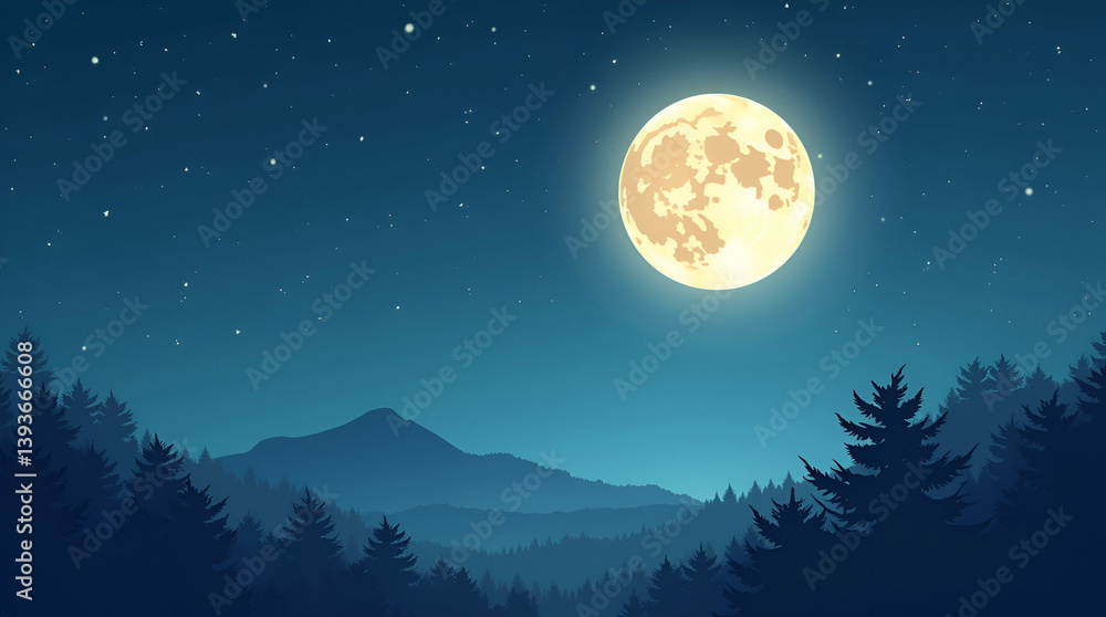 Fototapeta premium Stunning Flat Vector Illustration of May's Full Moon: Captivating Nocturnal Composition Showcasing Celestial Beauty and Luminous Radiance for Premium Outdoor Stock Imagery