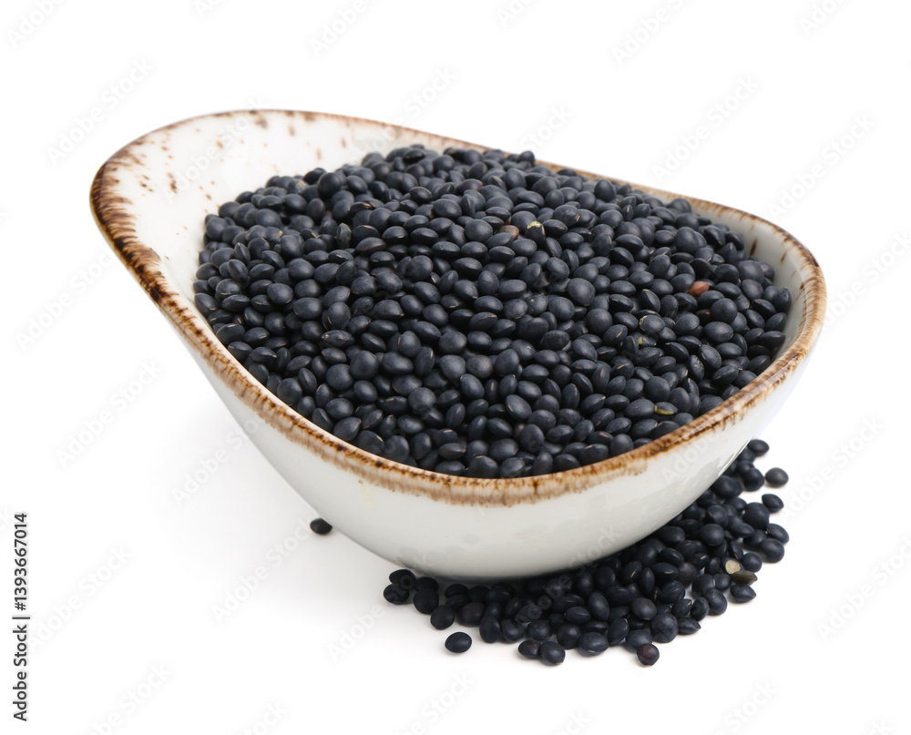 Raw lentils in bowl isolated on white Raw lentils in bowl isolated on white