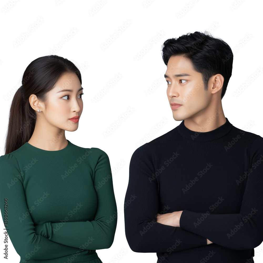 Serious young couple in dark outfits facing each other with arms crossed, isolated on a transparent background, showing determination and attitude. Serious young couple in dark outfits facing each other with arms crossed, isolated on a transparent background, showing determination and attitude.