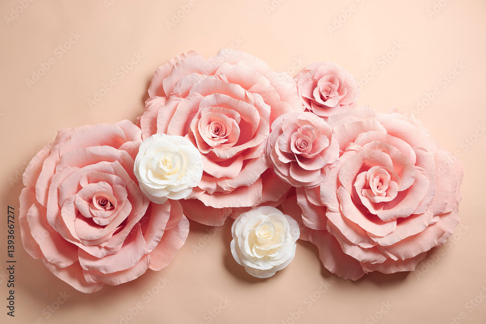 Fototapeta premium Beautiful paper flowers on beige background, flat lay