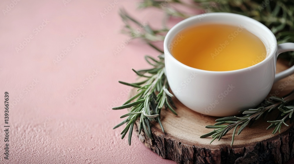 Herbal Infusion of Tea with Fresh Rosemary on Wooden Slice Background Herbal Infusion of Tea with Fresh Rosemary on Wooden Slice Background