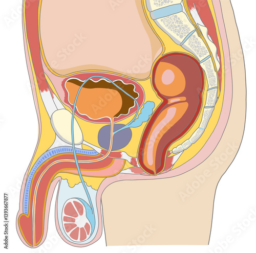 男性生殖器を含めた骨盤周辺の横からの解剖イラスト