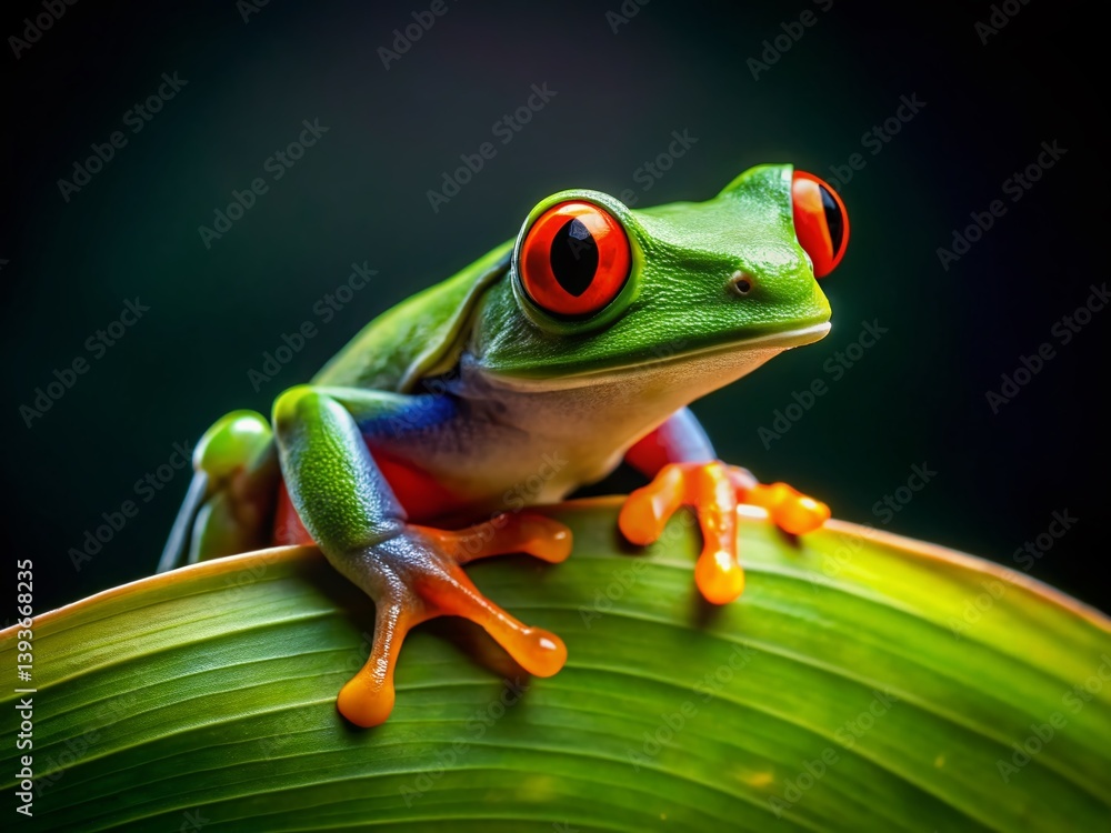 Obraz premium Closeup of an Enchanting Green Tree Frog with Striking Orange Eyes Perched on a Lush Leaf A Detailed