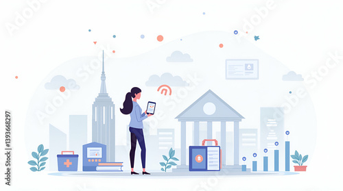 Flat Elegant Digital Visualization of Tech Disruption in Finance: Advanced Fintech Integration & Data Analytics for Strategic Market Impact in a Cute Vector Style