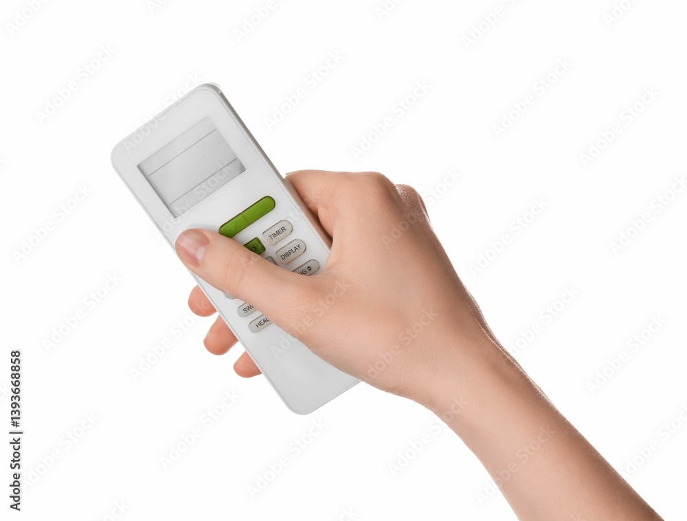 Woman with air conditioner remote control on white background, closeup Woman with air conditioner remote control on white background, closeup