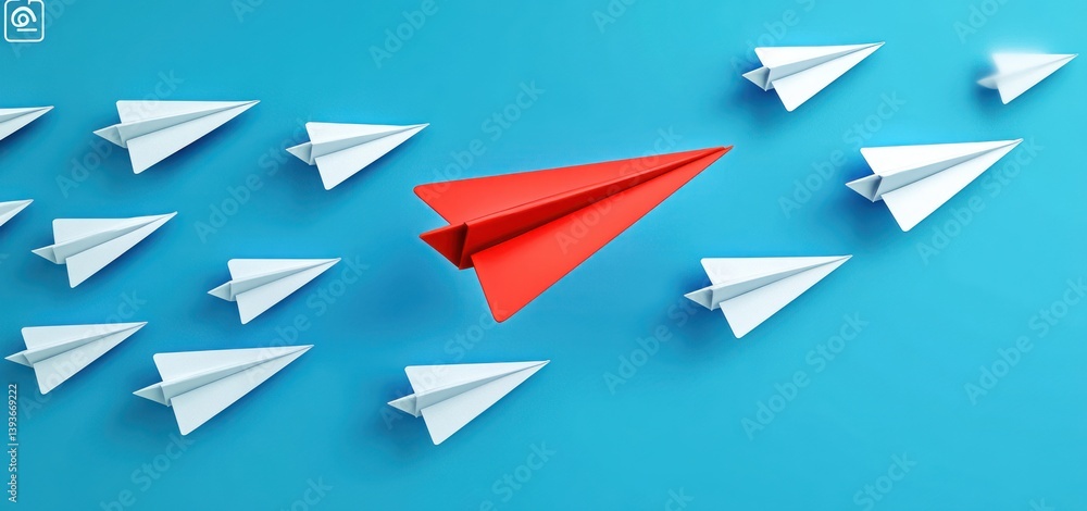 Red Paper Airplane Leading a Formation of White Airplanes for Leadership and Business Strategy Red Paper Airplane Leading a Formation of White Airplanes for Leadership and Business Strategy