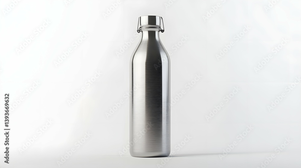 Shiny Silver Steel Bottle Standing on White Background, Metal Cap and Texture Shiny Silver Steel Bottle Standing on White Background, Metal Cap and Texture