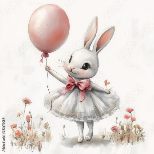Ballet Bunny Holding Balloon Floral Wreath Watercolor Cute Dancer Art Decor for Children