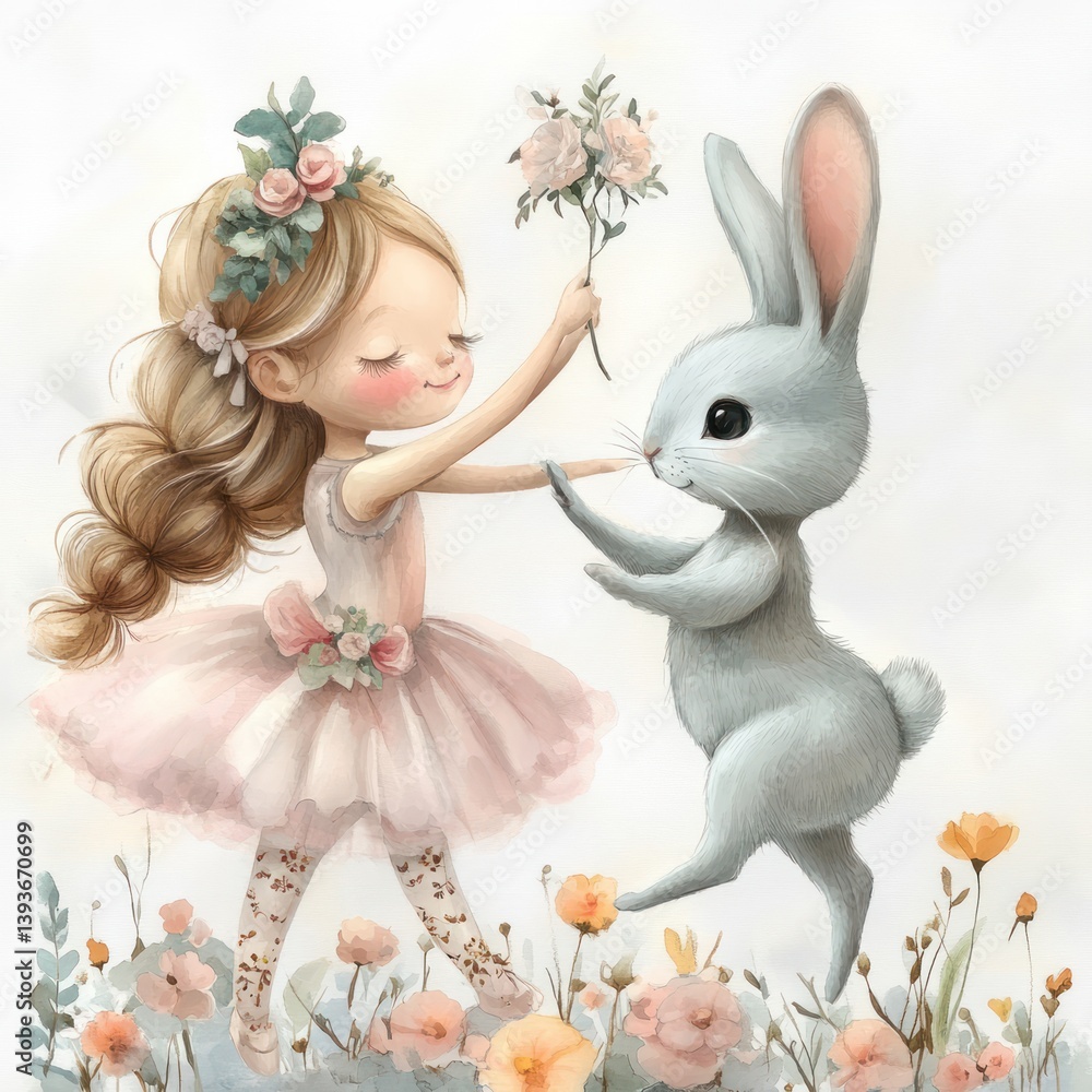 Whimsical Ballerina Girl and Rabbit in Tutus Dancing with Flowers Whimsical Ballerina Girl and Rabbit in Tutus Dancing with Flowers