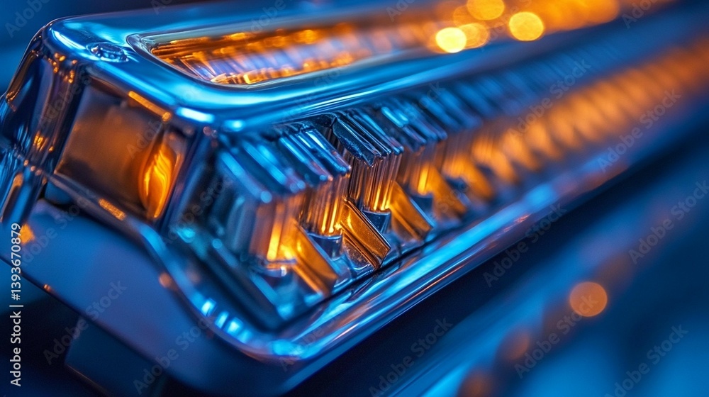 Obraz premium Close-up of a chrome automotive light bar with illuminated LEDs, reflecting light.
