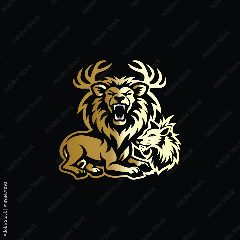 hunting hunter with gun and forest vector logo design template on black background. Lion and deer logo design vector template on black background. Vector illustration. hunting hunter with gun and forest vector logo design template on black background. Lion and deer logo design vector template on black background. Vector illustration.