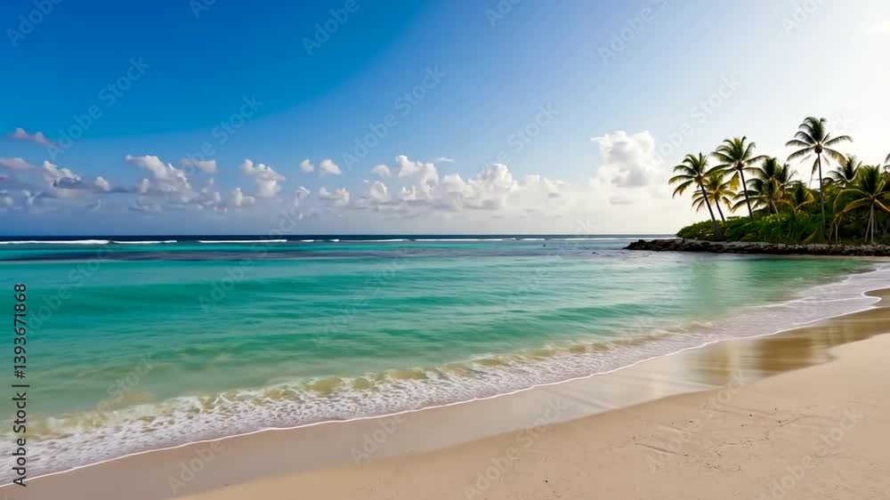 Waves Gently Lapping on a Tropical Sandy Beach Under Blue Sky Waves Gently Lapping on a Tropical Sandy Beach Under Blue Sky