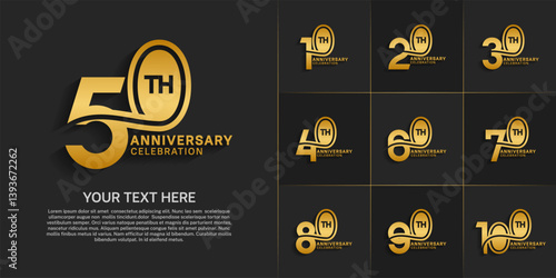 Anniversary logo style double line number set. gold color on black background for celebration event