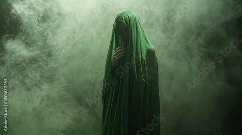 Mysterious green veiled figure enigmatic atmosphere high-fidelity imagery moody silky fabric dramatic viewpoint surreal concept