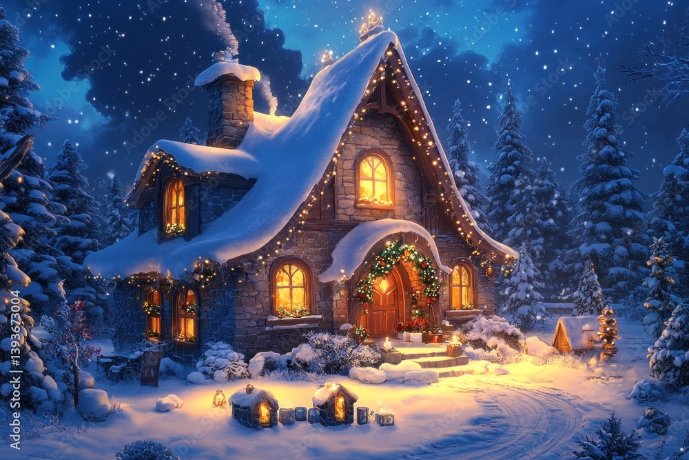 Fototapeta premium A Cozy Snow Covered House Illuminated During a Winter Evening