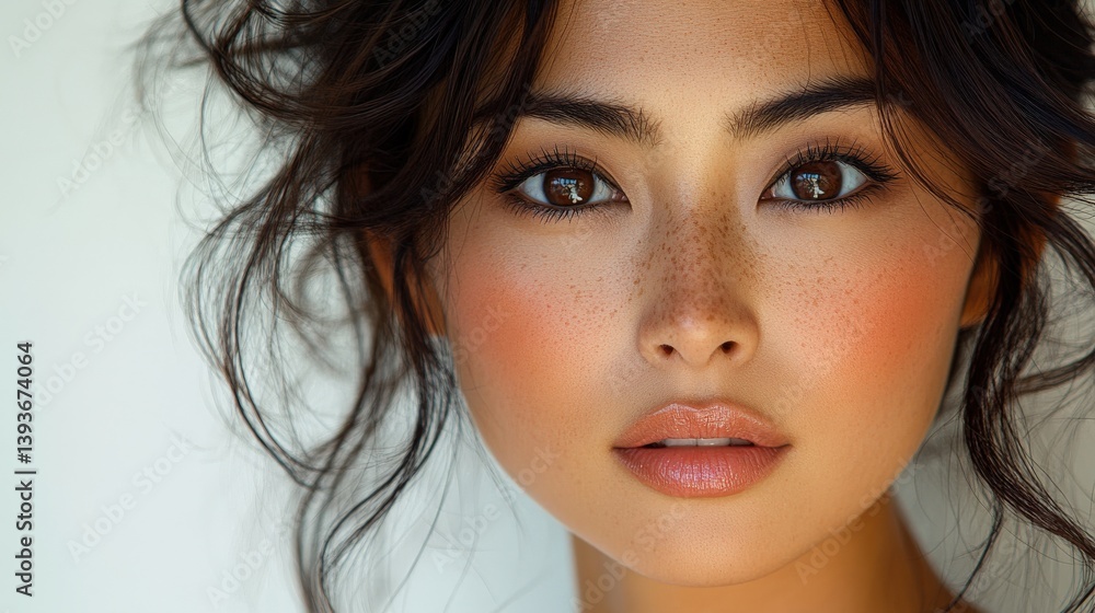Close-up portrait of a woman with freckles and softly styled hair Close-up portrait of a woman with freckles and softly styled hair