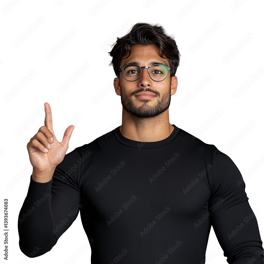 Man in black long sleeve shirt pointing upwards with serious expression, isolated on a transparent background, ideal for communication or idea themes. Man in black long sleeve shirt pointing upwards with serious expression, isolated on a transparent background, ideal for communication or idea themes.