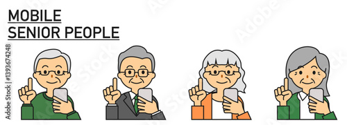 笑顔でスマートフォン、スマホを操作するお年寄り、年配の男女のセット