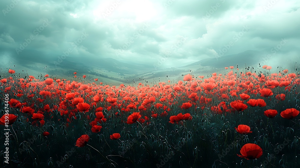 Obraz premium Vibrant Red Poppies Swaying Gracefully in the Wind Against the Backdrop of Rolling Hills