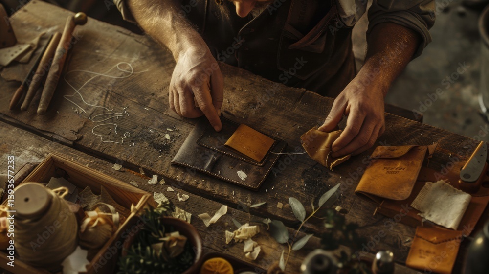 Craftsman Assembling Handmade Leather Wallet at Workbench