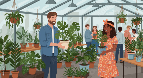 illustration of two  people man and a woman at a potted plant swap event, holding and exchanging potted  houseplants monstera and succulent in an urban greenhouse