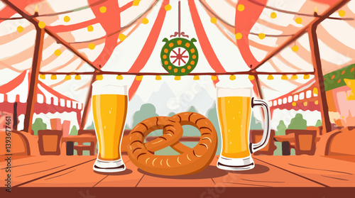 Festive beer and pretzel display in a colorful outdoor setting  of beed festival Oktoberfest