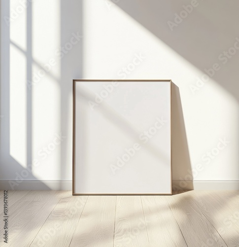Empty framed canvas on light-wood floor.  Sunlit room