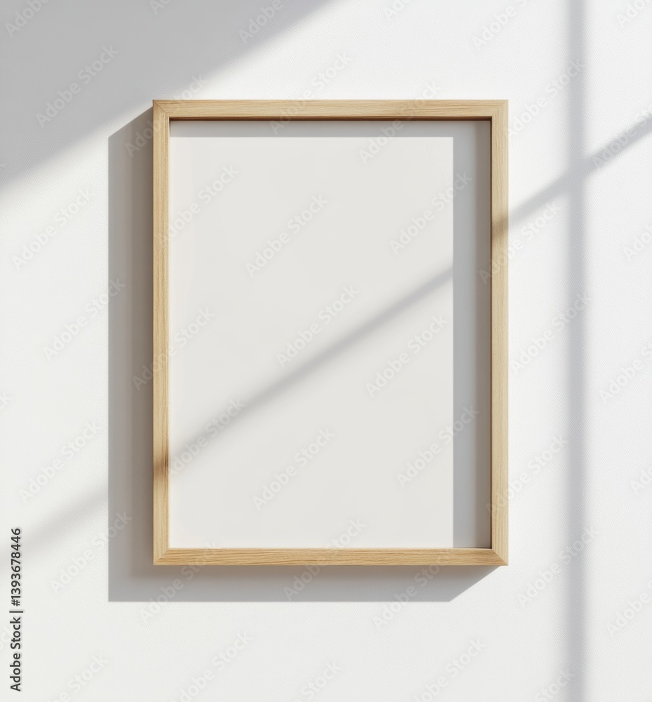 Empty light wooden frame on white wall, sunlit Empty light wooden frame on white wall, sunlit
