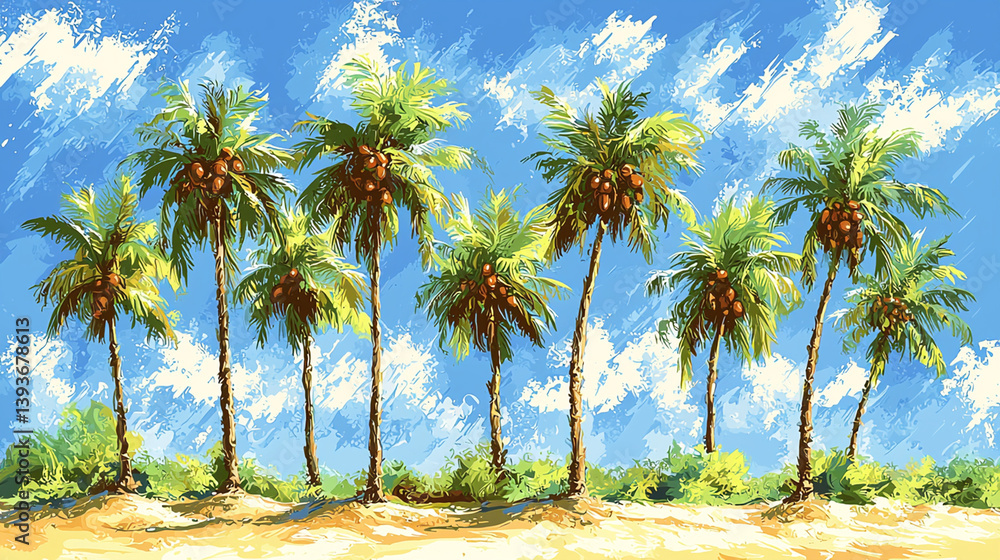 Tropical beach scene with coconut palms under a bright sky, ideal for travel brochures Tropical beach scene with coconut palms under a bright sky, ideal for travel brochures