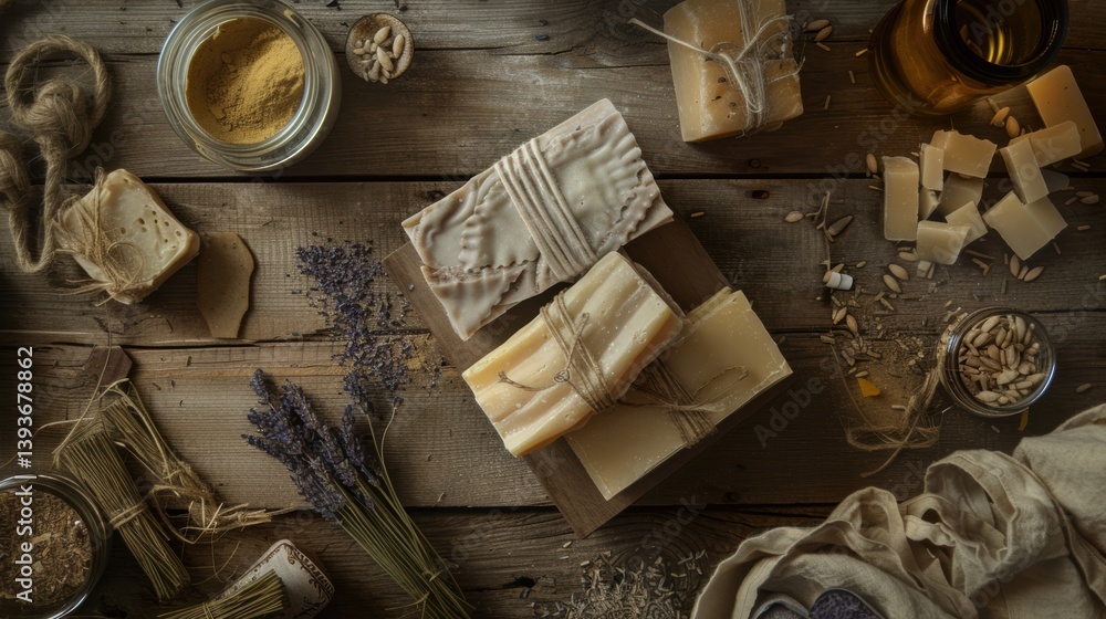 Natural Handmade Soaps with Rustic Packaging and Lavender