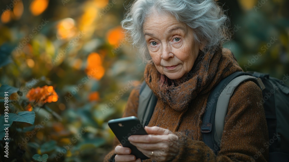Elderly Woman Smiling Outdoors Using Smartphone in Nature Elderly Woman Smiling Outdoors Using Smartphone in Nature