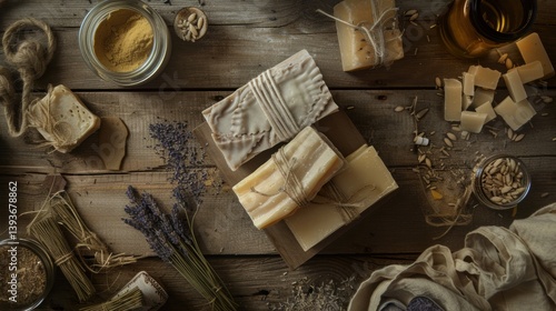 Obraz na płótnie Natural Handmade Soaps with Rustic Packaging and Lavender w salonie