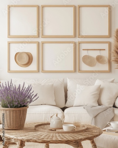 Cozy, boho living room with framed wall art