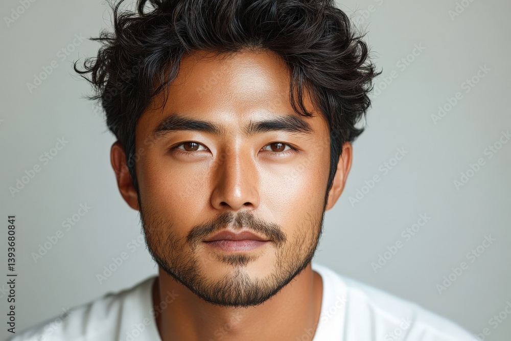 Close-up portrait of a young man with dark, curly hair and a goatee Close-up portrait of a young man with dark, curly hair and a goatee