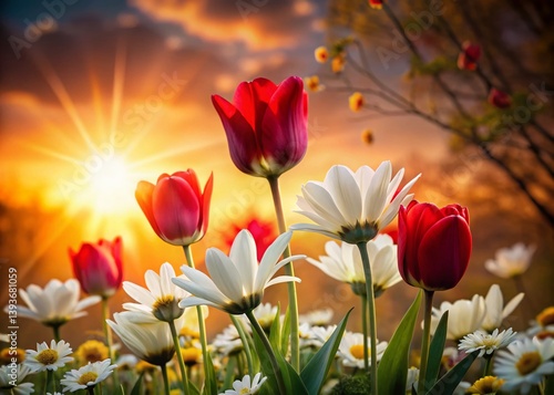 Sunset Serenade Silhouettes of Red Tulips and White Daisies Against a Vibrant Sky A Captivating Floral Scene
