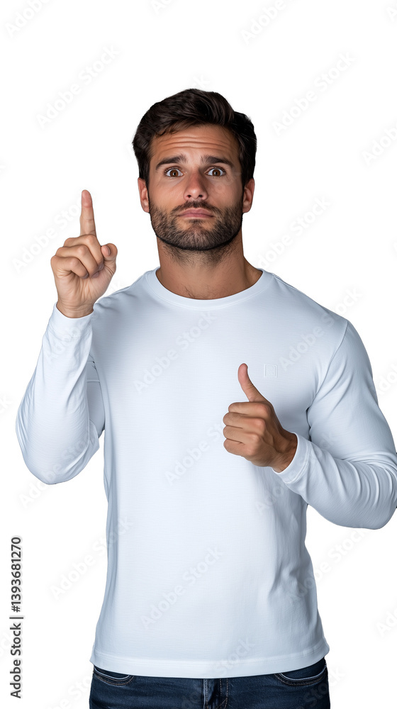 Man in white long sleeve shirt with finger pointing upward and thumbs up, isolated on a transparent background, representing approval and communication.