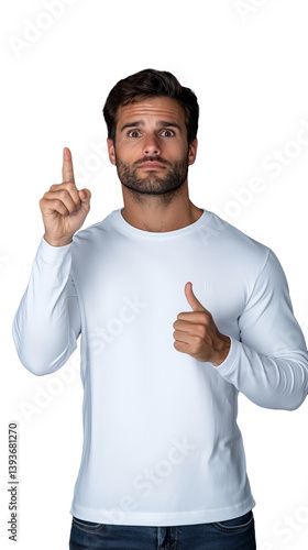 Obraz na płótnie Man in white long sleeve shirt with finger pointing upward and thumbs up, isolated on a transparent background, representing approval and communication. w salonie