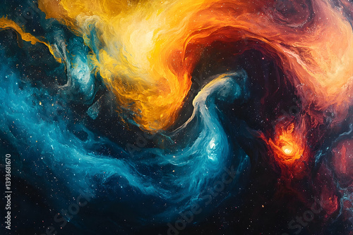 A vibrant cosmic swirl of fiery oranges and icy blues, dotted with starry night.