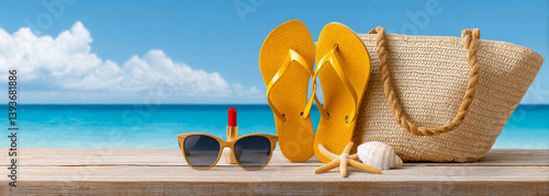 Vacation Essentials on Wooden Floor with Beach View and Blue Sky