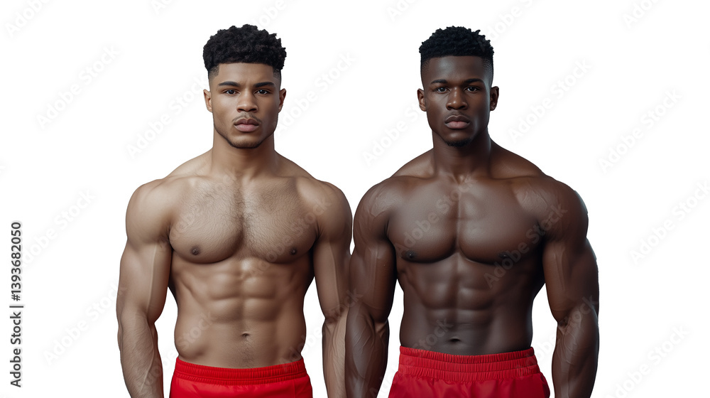 Two young men with muscular builds wearing red shorts, posing confidently on a transparent background, representing fitness and strength, ideal for sports and athletic themes.