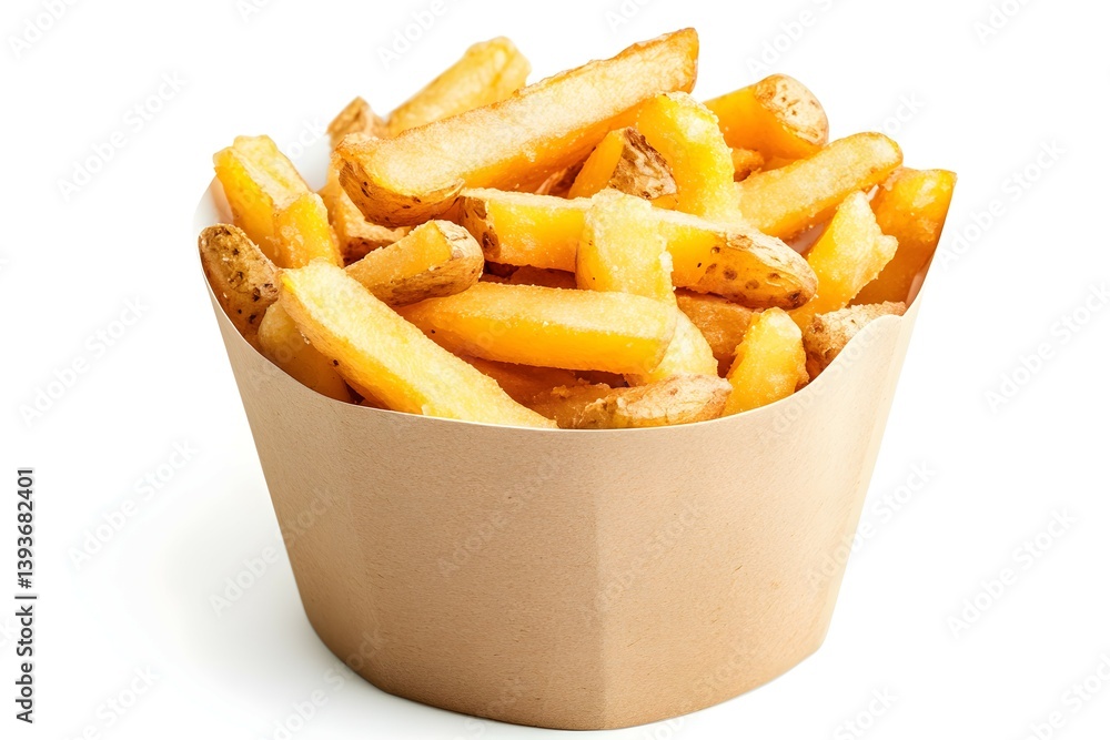 Golden French Fries in Container, Crispy Texture on White Background, Food Still Life Golden French Fries in Container, Crispy Texture on White Background, Food Still Life